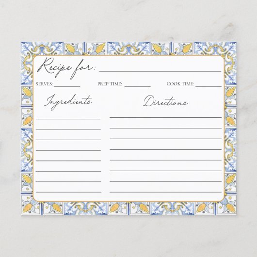 Mediterraan Geel Blauw Tegels Familie Recept Kaart (Voorkant)
