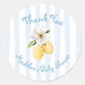Mediterraan Geel Citroen Blauwe strepen Dank U Ronde Sticker (Voorkant)