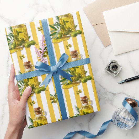 Mediterraan Geel Streeppatroon Olijfolie Cadeaupapier (Geschenken)
