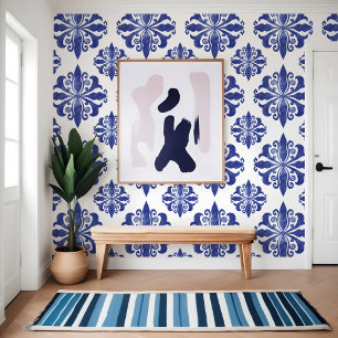 Mediterraan Griekenland Blauw Antiek Bloemenpatroo Behang