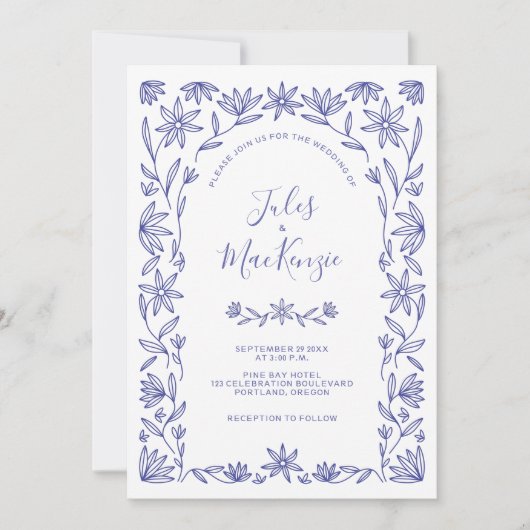 Mediterraan Huwelijk Blauw Wit Bloemen Kaart (Voorkant)