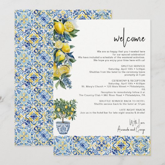 Mediterraan Huwelijksreisschema welkomsttas Feestdagenkaart (Voorkant / Achterkant)