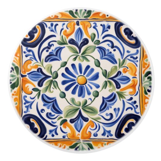 Mediterraan Italiaans Blauw & Geel Bloemen Keramische Knop (Voorkant)