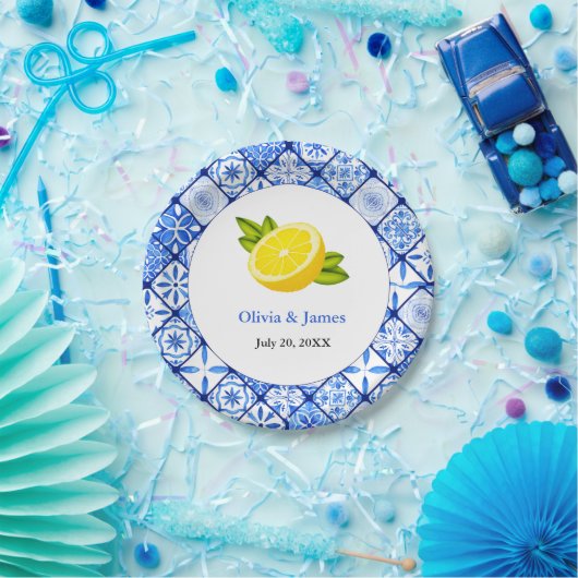 Mediterraan Italiaans Blauw Tegel Citroen Bruiloft Papieren Bordje (Feest)