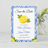 Mediterraan Italiaans Blauw Tegel Citroen Bruiloft Save The Date (Staand voorkant)