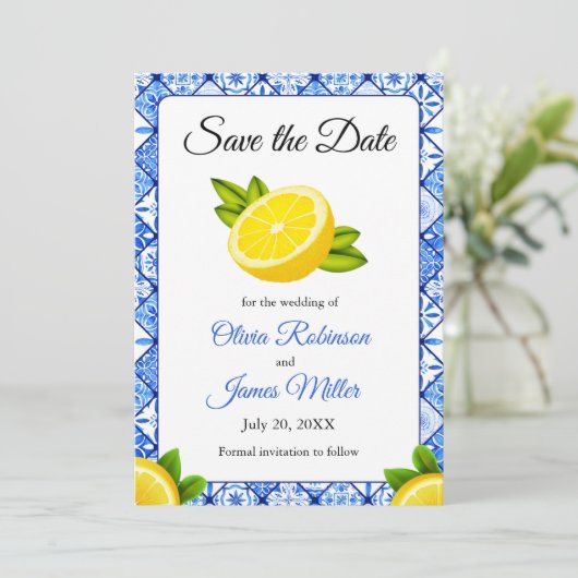 Mediterraan Italiaans Blauw Tegel Citroen Bruiloft Save The Date (Staand voorkant)