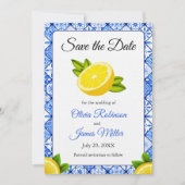 Mediterraan Italiaans Blauw Tegel Trouwfoto Save The Date (Voorkant)
