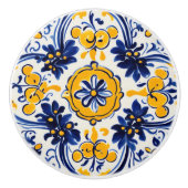 Mediterraan Italiaans Geel & Navy Bloemen Bloemen Keramische Knop (Voorkant)