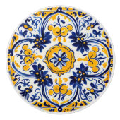 Mediterraan Italiaans Geel & Navy Bloemen Bloemen Keramische Knop (Voorkant)
