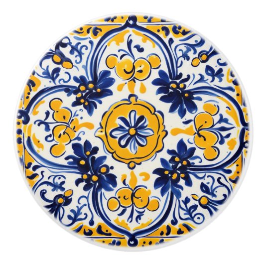 Mediterraan Italiaans Geel & Navy Bloemen Bloemen Keramische Knop (Voorkant)
