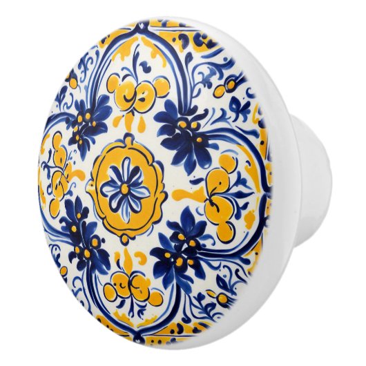 Mediterraan Italiaans Geel & Navy Bloemen Bloemen Keramische Knop (Rechts)