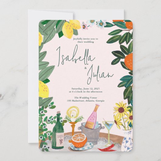 Mediterraan Italiaans Griekenland Lemon Pink Weddi Kaart (Voorkant)