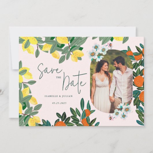 Mediterraan Italiaans Griekenland Lemon Pink Weddi Save The Date (Voorkant)