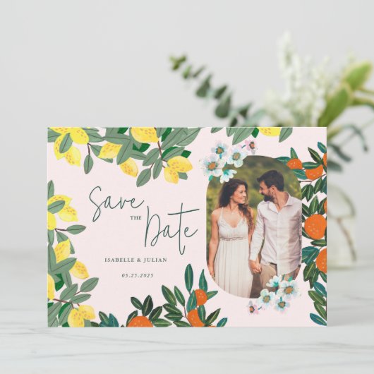 Mediterraan Italiaans Griekenland Lemon Pink Weddi Save The Date (Staand voorkant)