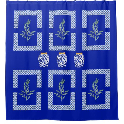 Mediterraan kobalt blauw gebladerte & vaas douchegordijn (Voorkant)