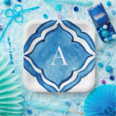 Mediterraan kobaltblauw Tegel Monogram II Papieren Bordje (Feest)