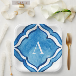 Mediterraan Kobaltblauw Tegel Monogram II Papieren Bordje
