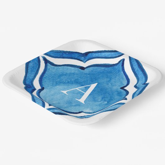 Mediterraan kobaltblauw Tegel Monogram II Papieren Bordje (Gebogen)