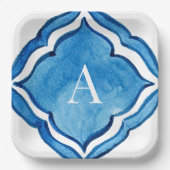 Mediterraan kobaltblauw Tegel Monogram II Papieren Bordje (Voorkant)