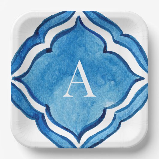 Mediterraan kobaltblauw Tegel Monogram II Papieren Bordje (Voorkant)