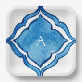Mediterraan kobaltblauw Tegel Monogram Papieren Bordje