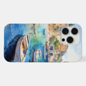 Mediterraan kustdorp met boten – kust iPhone hoesje (Achterkant horizontaal)