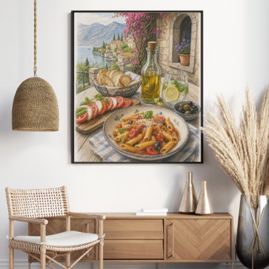 Mediterraan kustpasta-feest gekleurd potlood poster