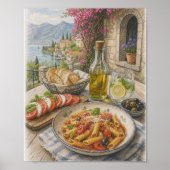 Mediterraan kustpasta-feest gekleurd potlood poster (Voorkant)