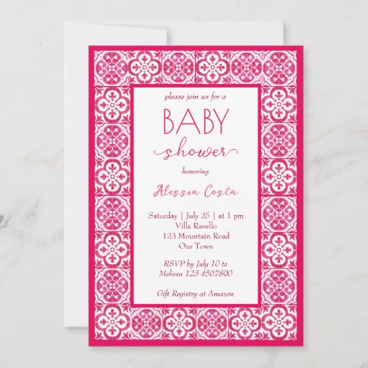 Mediterraan Majolica magenta tegels baby shower Kaart (Voorkant)