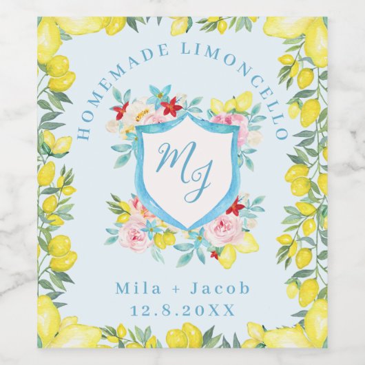 Mediterraan Monogram Crest Wedding Limoncello Wijn Etiket (Enkel label)
