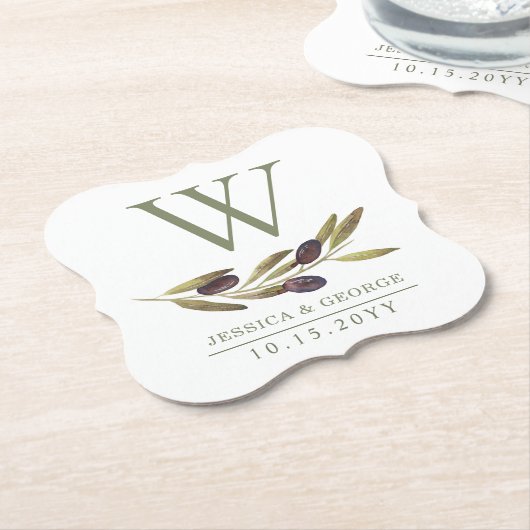 Mediterraan Olijftak Custom Monogram Sage Kartonnen Onderzetters (Gekanteld)