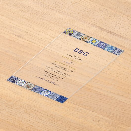 Mediterraan Portugees Tegels Patroon Bruiloft Acryl Uitnodigingen (Laagn)