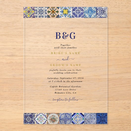Mediterraan Portugees Tegels Patroon Bruiloft Acryl Uitnodigingen (Voorkant)