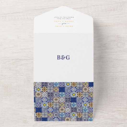 Mediterraan Portugees Tegels Patroon Bruiloft All In One Uitnodiging (Buitenkant)