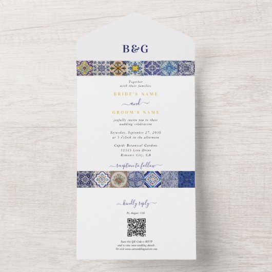 Mediterraan Portugees Tegels Patroon Bruiloft All In One Uitnodiging (Binnen)