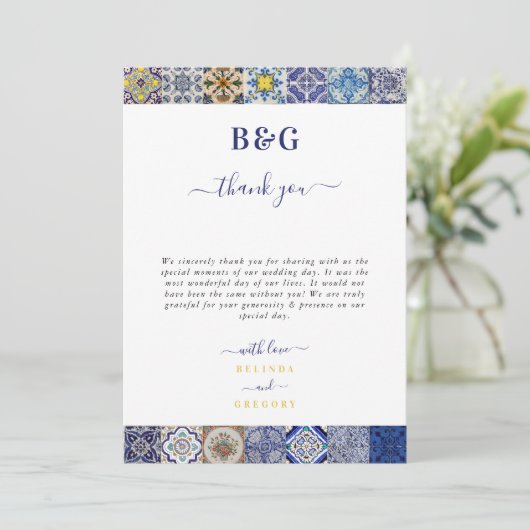 Mediterraan Portugees Tegels Patroon Bruiloft Bedankkaart (Staand voorkant)