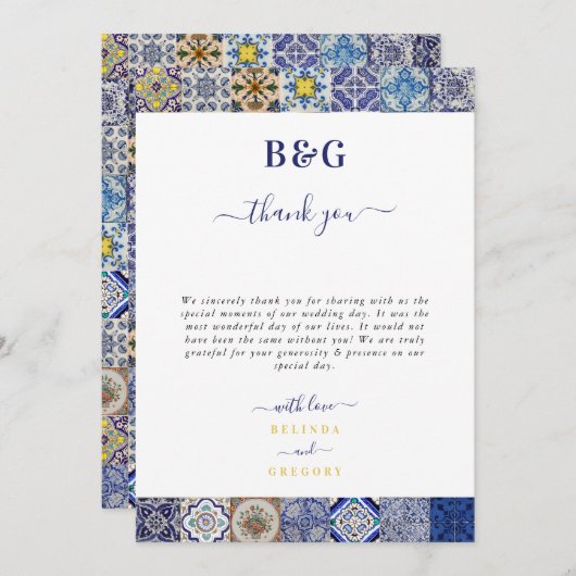 Mediterraan Portugees Tegels Patroon Bruiloft Bedankkaart (Voorkant / Achterkant)
