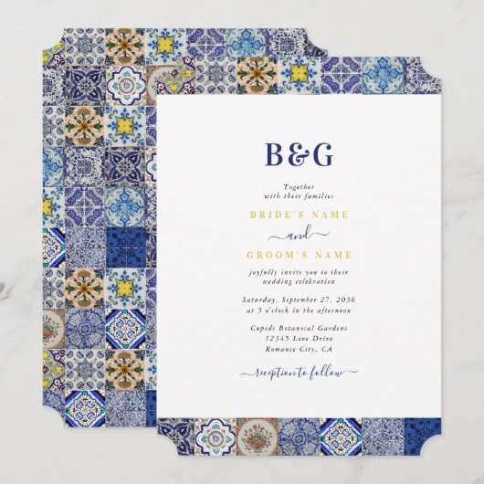 Mediterraan Portugees Tegels Patroon Bruiloft Kaart (Voorkant / Achterkant)