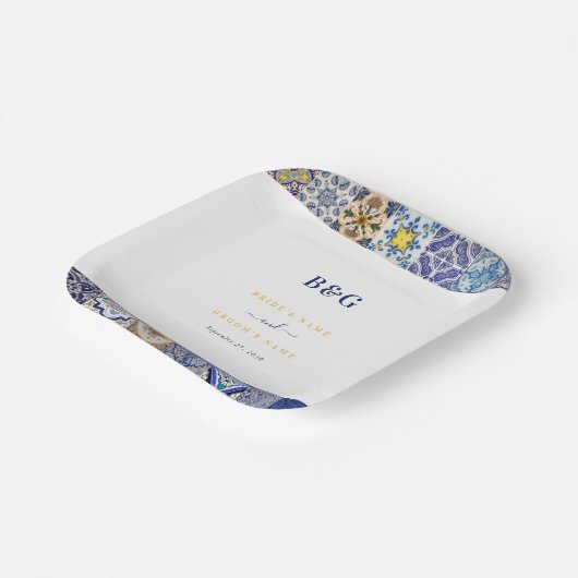 Mediterraan Portugees Tegels Patroon Bruiloft Papieren Bordje (Gebogen)