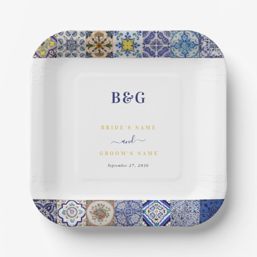 Mediterraan Portugees Tegels Patroon Bruiloft Papieren Bordje (Voorkant)