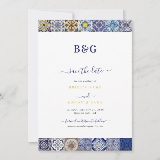 Mediterraan Portugees Tegels Patroon Bruiloft Save The Date (Voorkant)