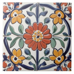 Mediterraan Rood Geel & Marine Blauwe Bloem Bloeme Tegeltje