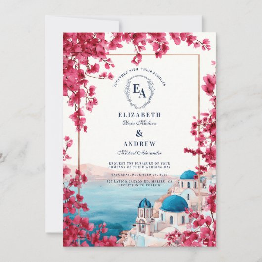Mediterraan Roze Bloesem Kust Huwelijk Kaart (Voorkant)