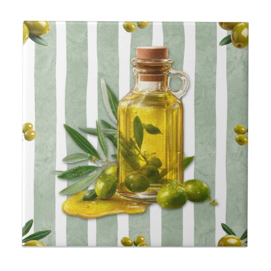 Mediterraan Salie Groen Streep Patroon Olijfolie Tegeltje (Voorkant)
