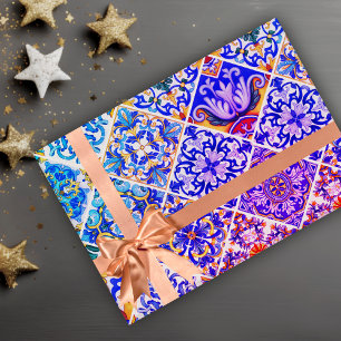 Mediterraan Siciliaans Paars Blauw Tegelpatroon Cadeaupapier