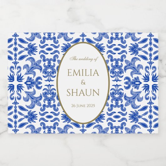 Mediterraan-stijl blauw en wit patroon likeurfles etiket (Enkel label)