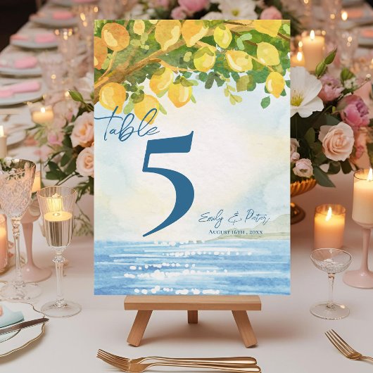 Mediterraan tafelnummer voor trouwtafel in citroen