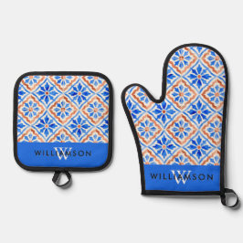 Mediterraan tegel kustpatroon met monogram ovenwant & pannenlap set