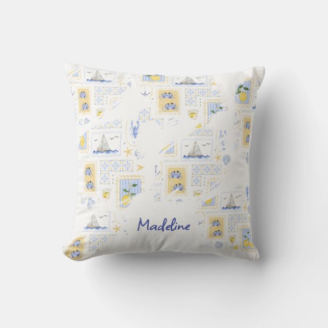Mediterraan tegel Lemon Kust Monogram naam Kussen (Voorkant)