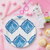 Mediterraan tegel monogram rond blauw kobalt papieren bordje (Feest)